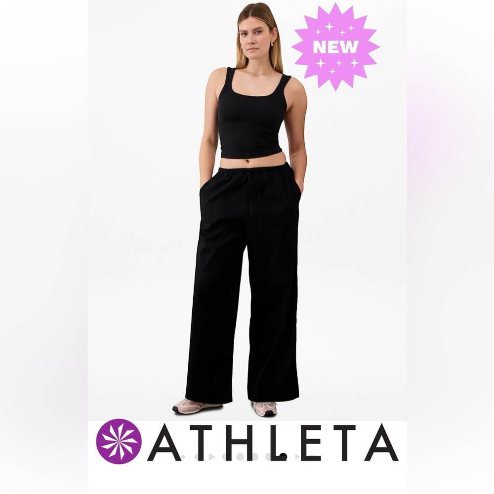 NWT Athleta Paradise Mid Rise Wide Leg Pant 🖤 black drawstring waist L petite